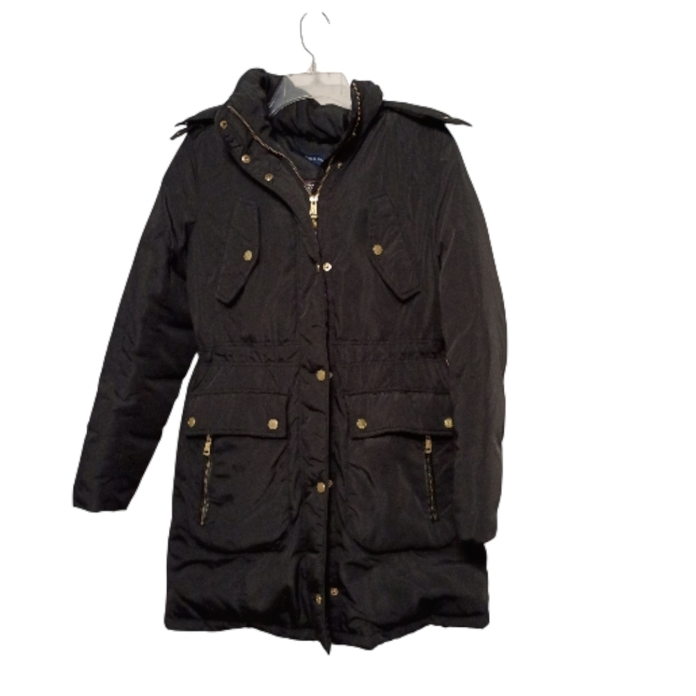 Cole Haan -Black Hooded Parka Down Coat with Gold Accents - Size S,a;;